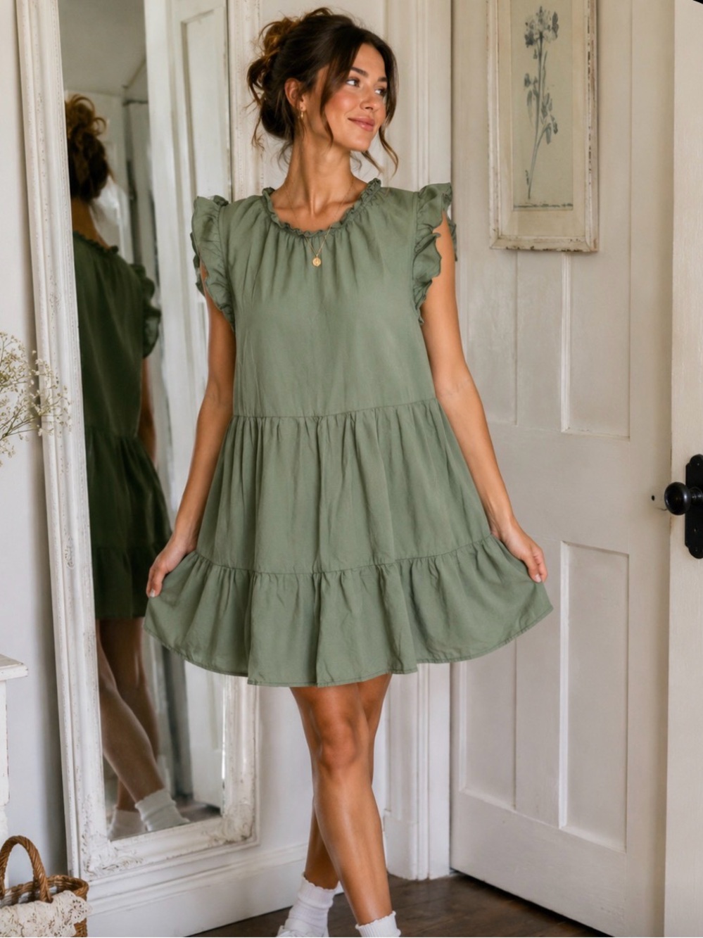 SHEIN Olive Green Ruffled Sleeve Tiered Tunic Dress